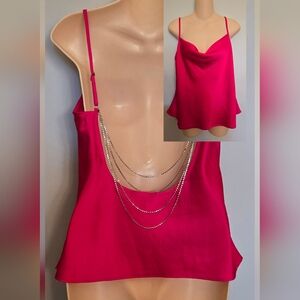 EXPRESS dressy hot pink tank top blouse rhinestone bling chain thin straps Sz L